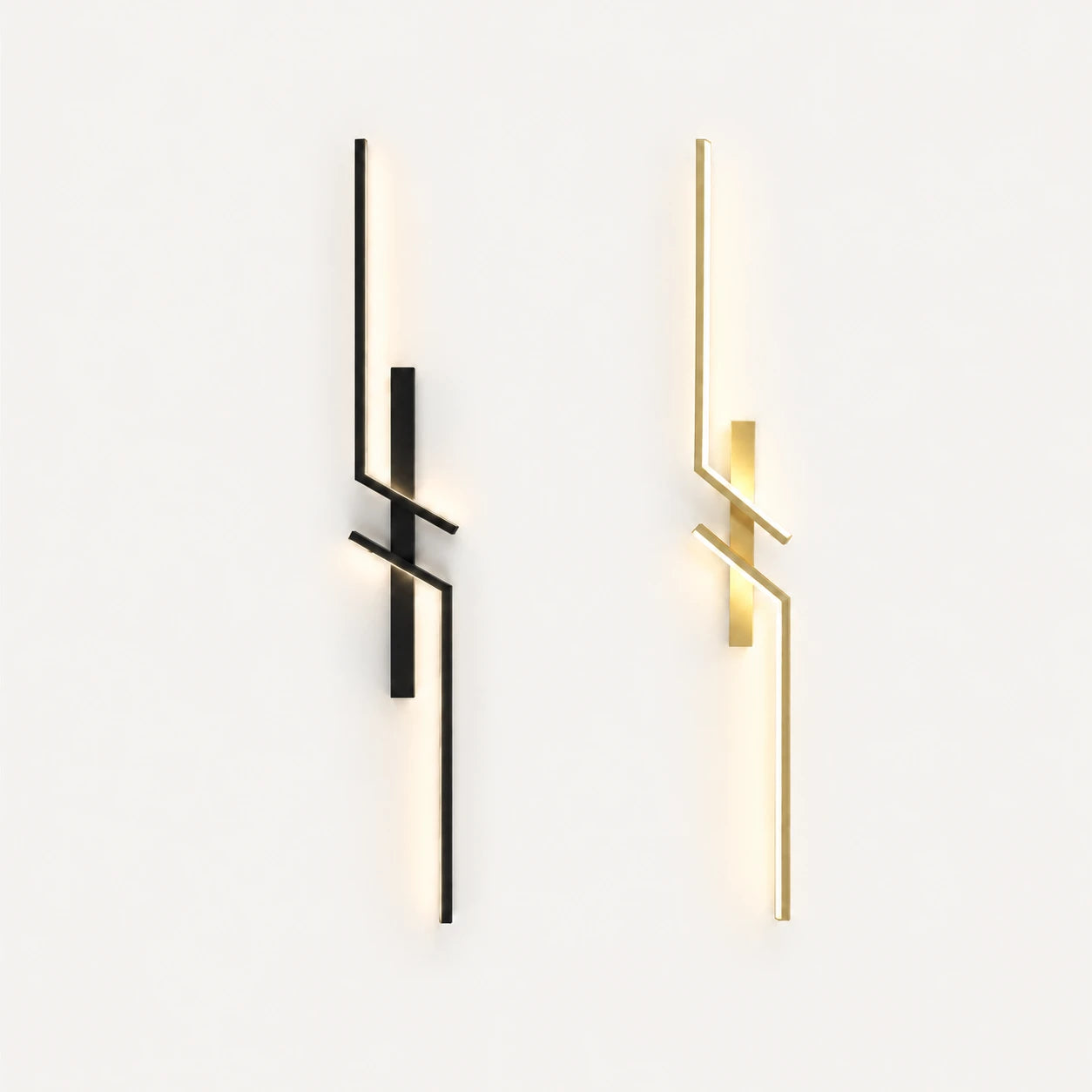 Geometric two-bar LED modern wall light in black and gold, shown in 60cm, 80cm, and 100cm size options.