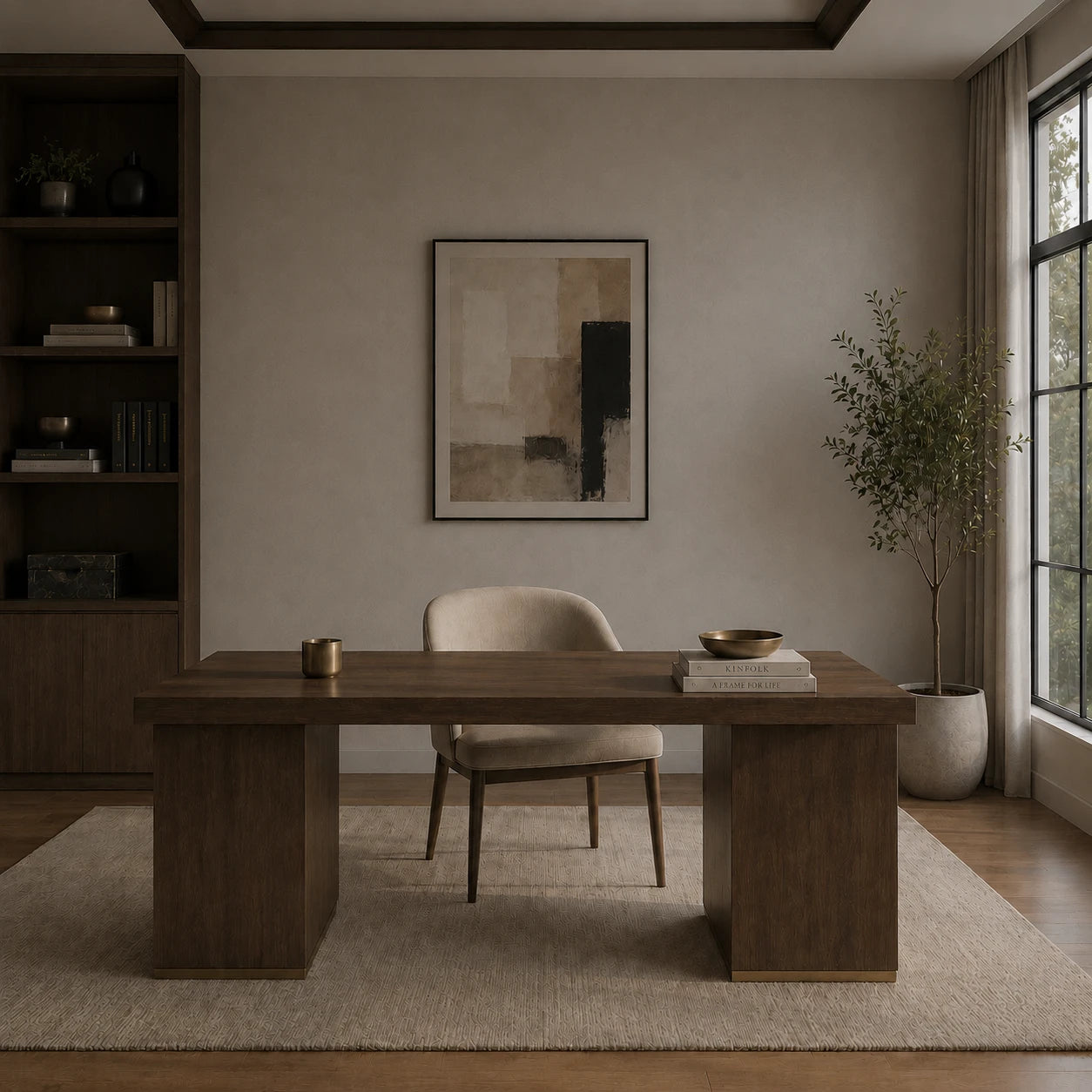 Home office with dark walnut desk and bookshelves before installing the geometric two-bar LED wall light