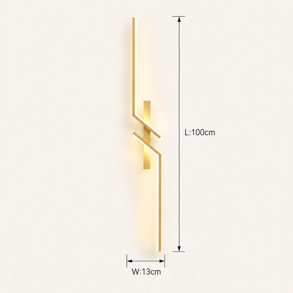 Geometric two-bar LED modern wall light in gold 100cm — statement-length warm metallic frame for wide feature walls.