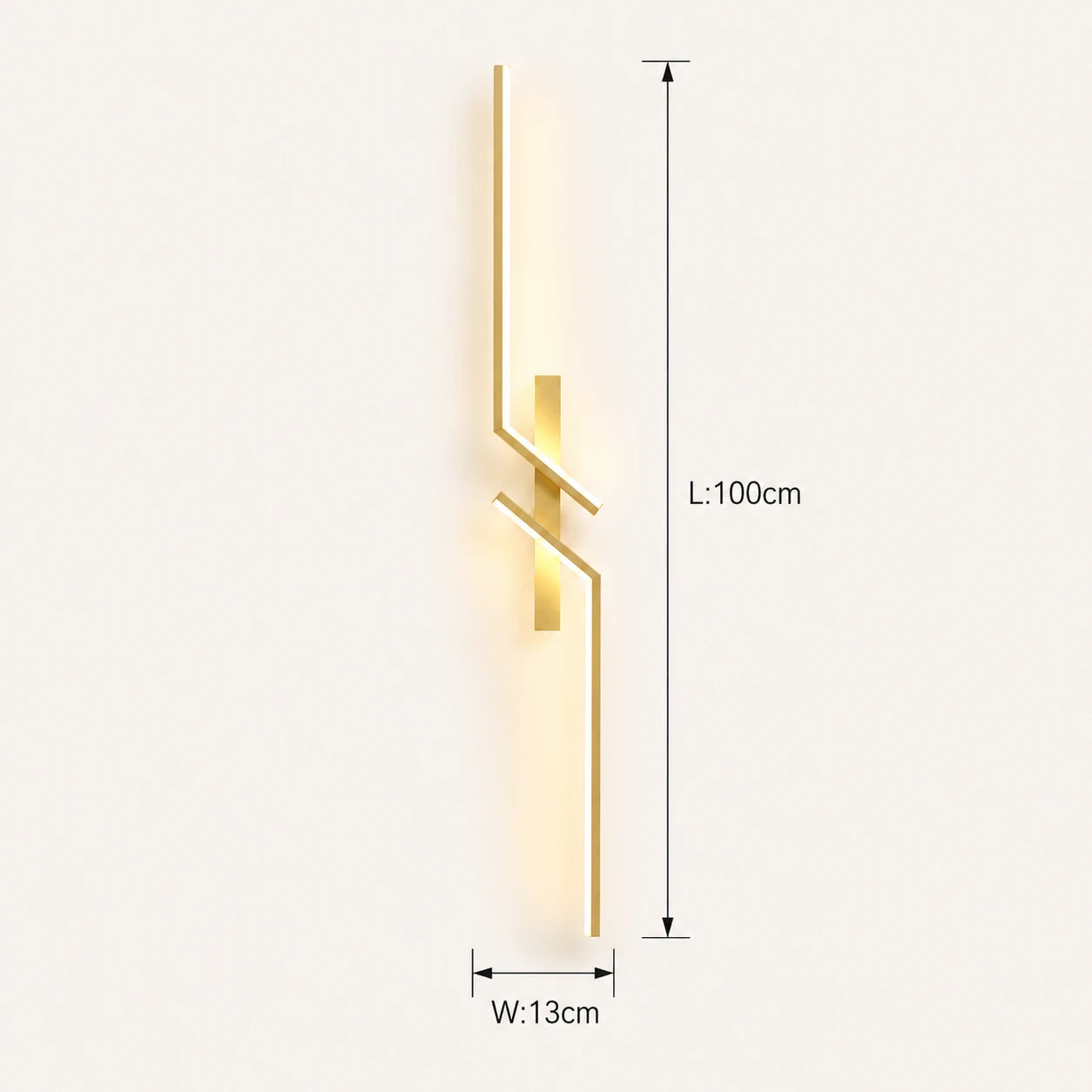 Geometric two-bar LED modern wall light in gold 100cm — statement-length warm metallic frame for wide feature walls.