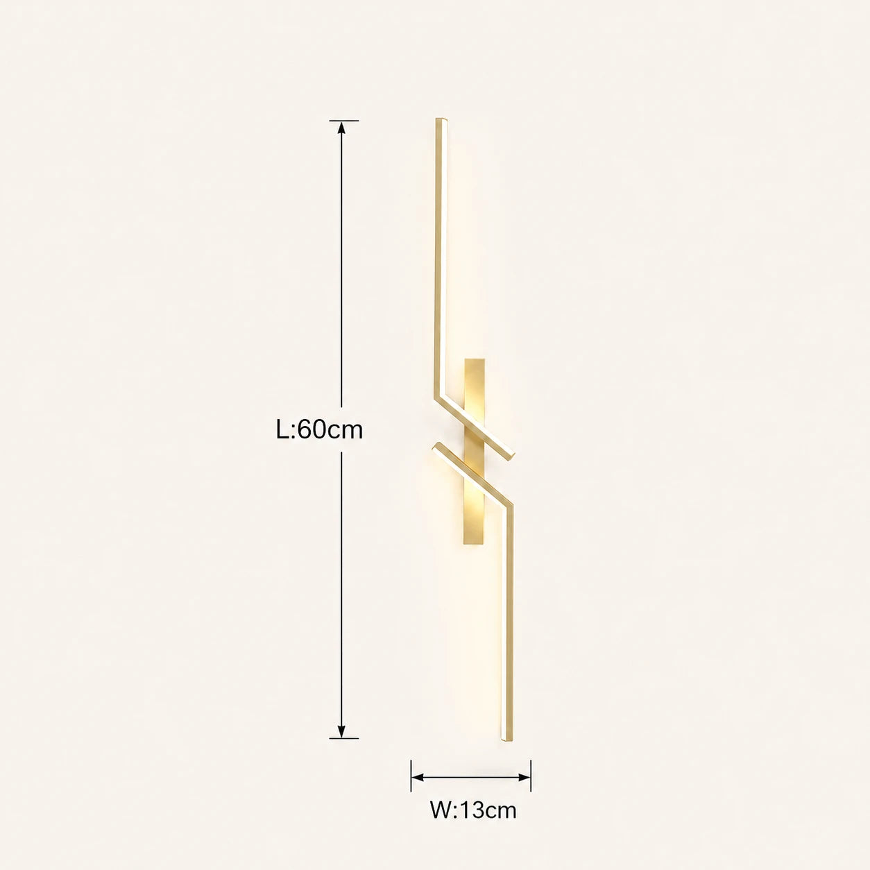 Geometric two-bar LED modern wall light in gold 60cm — warm metallic finish for Art Deco and contemporary interiors.