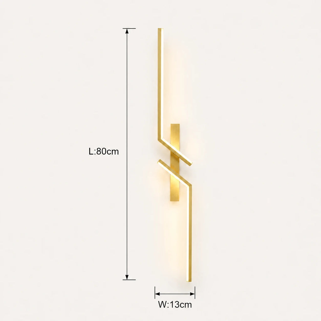 Geometric two-bar LED modern wall light in gold 80cm — wide warm metallic panel for bedroom and living room walls.