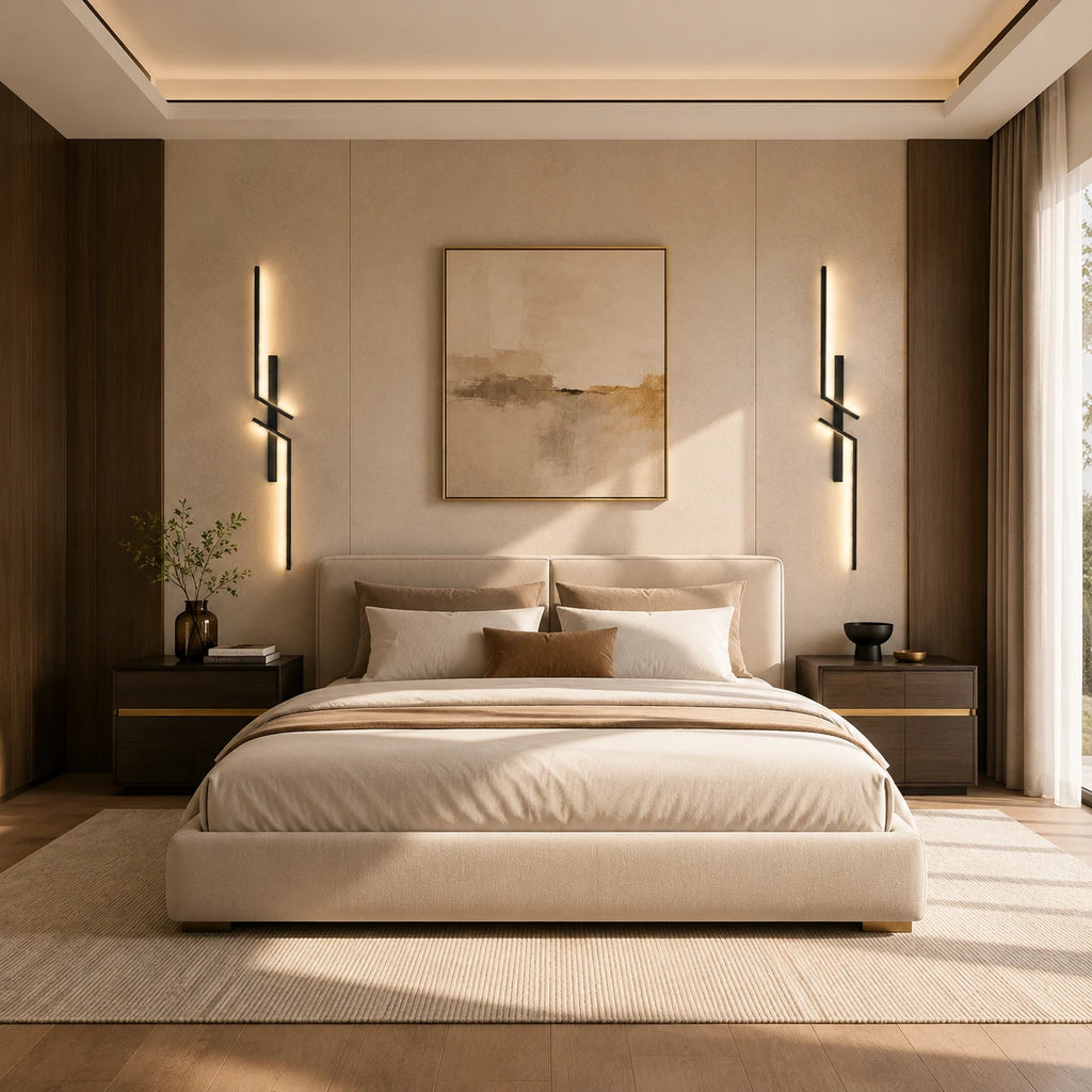 Geometric Two-Bar LED Modern Wall Light lifestyle in bedroom, black