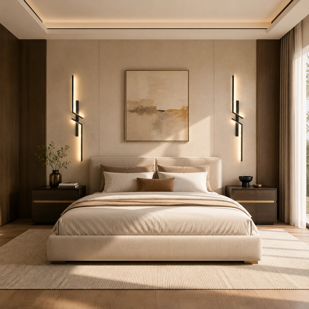 Geometric Two-Bar LED Modern Wall Light lifestyle in bedroom, black