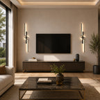 Black geometric two-bar LED wall lights flanking a TV on a feature wall in a contemporary modern living room