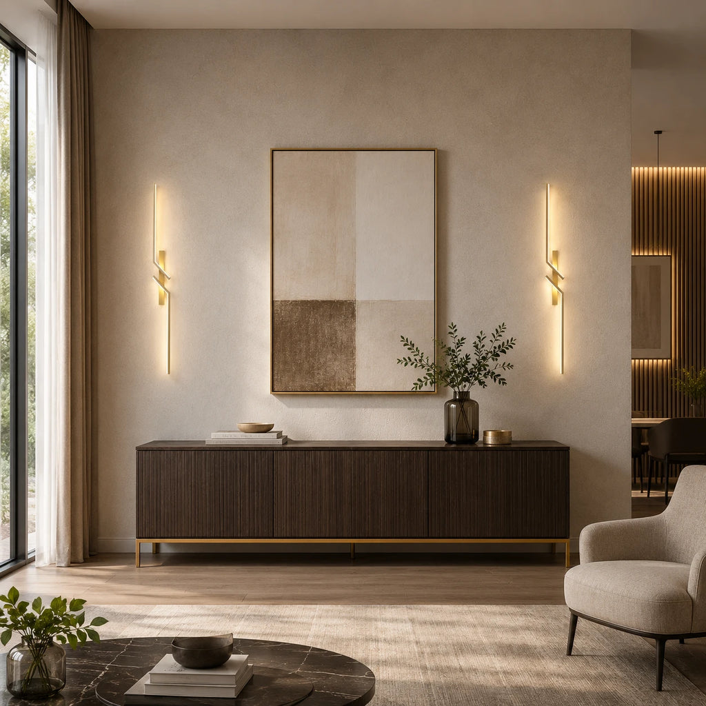 Gold geometric two-bar LED wall lights flanking a sideboard and painting in a warm open-plan living room