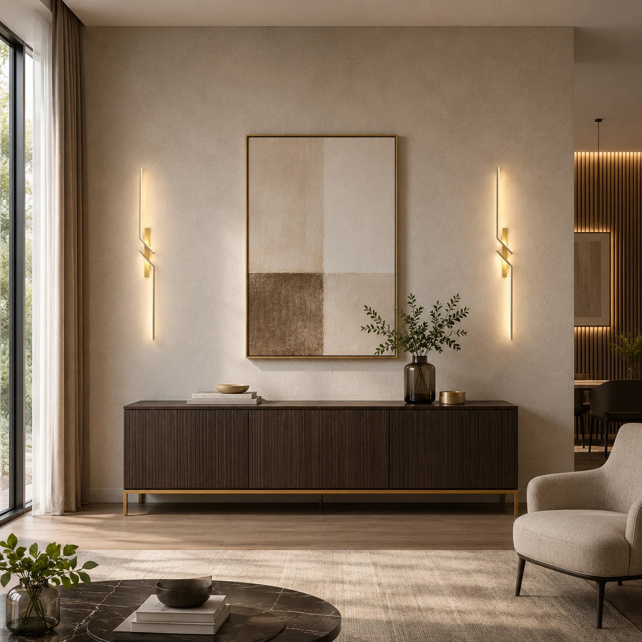 Gold geometric two-bar LED wall lights flanking a sideboard and painting in a warm open-plan living room