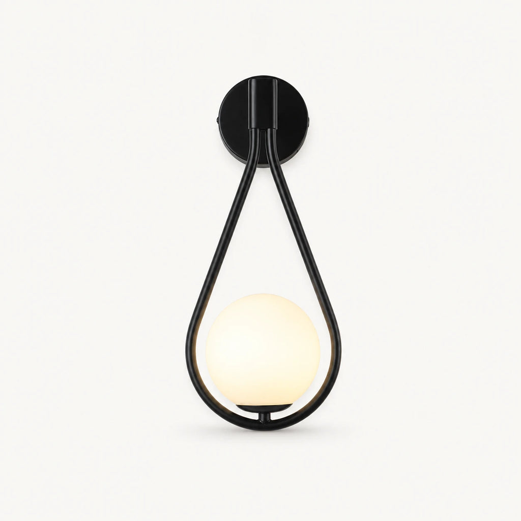 Black glass loop arm Nordic wall sconce with white opal globe bulb and matte black teardrop frame product view