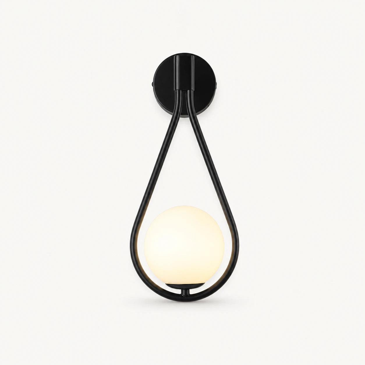 Black glass loop arm Nordic wall sconce with white opal globe bulb and matte black teardrop frame product view