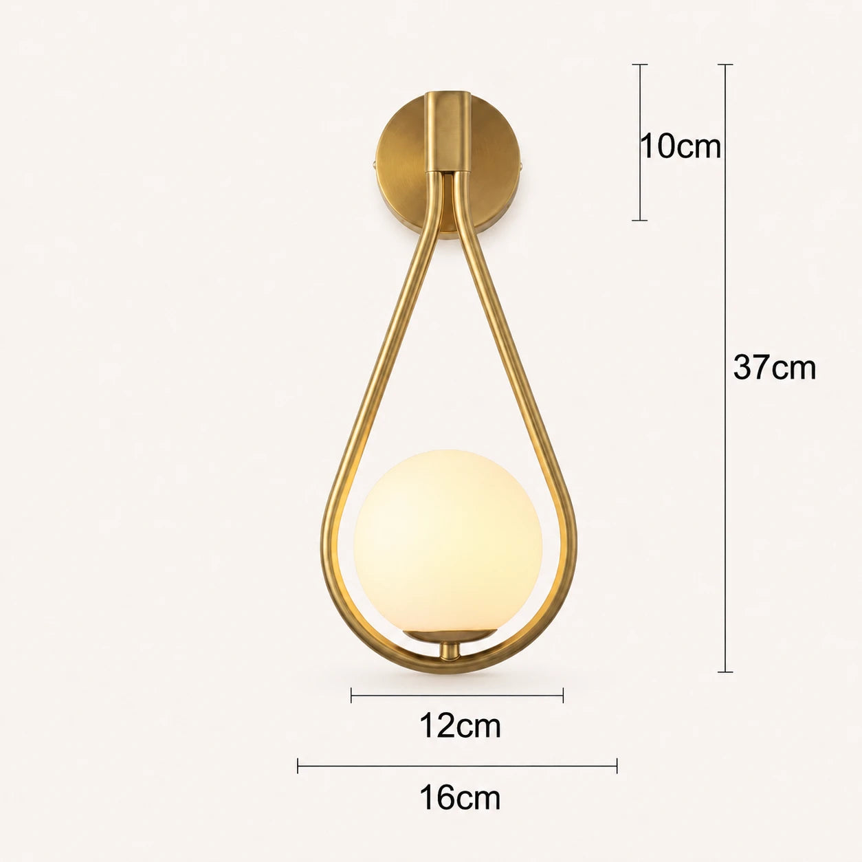 Glass loop arm Nordic wall sconce dimension diagram showing height width and depth measurements in gold finish