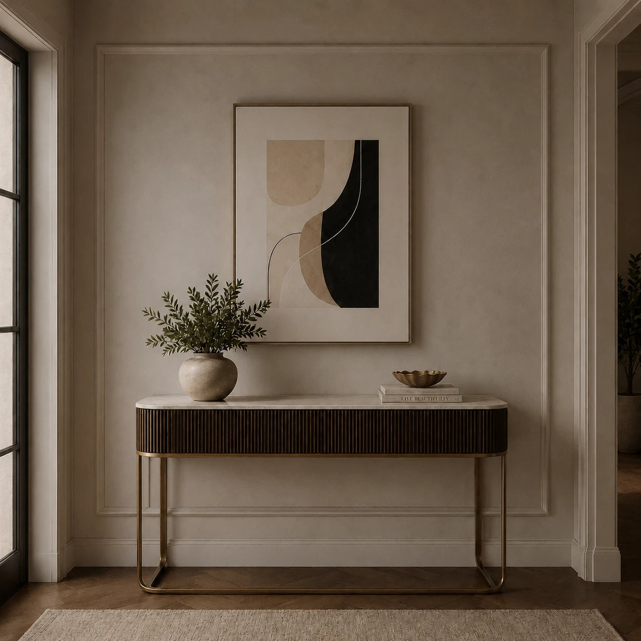 Elegant hallway with dark fluted console and marble top before installing the glass loop arm Nordic wall sconce