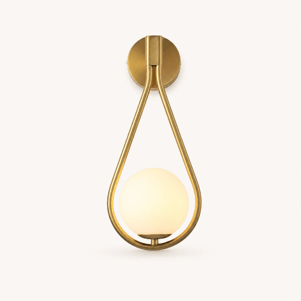 Gold glass loop arm Nordic wall sconce with white opal globe bulb and brushed gold teardrop frame product view