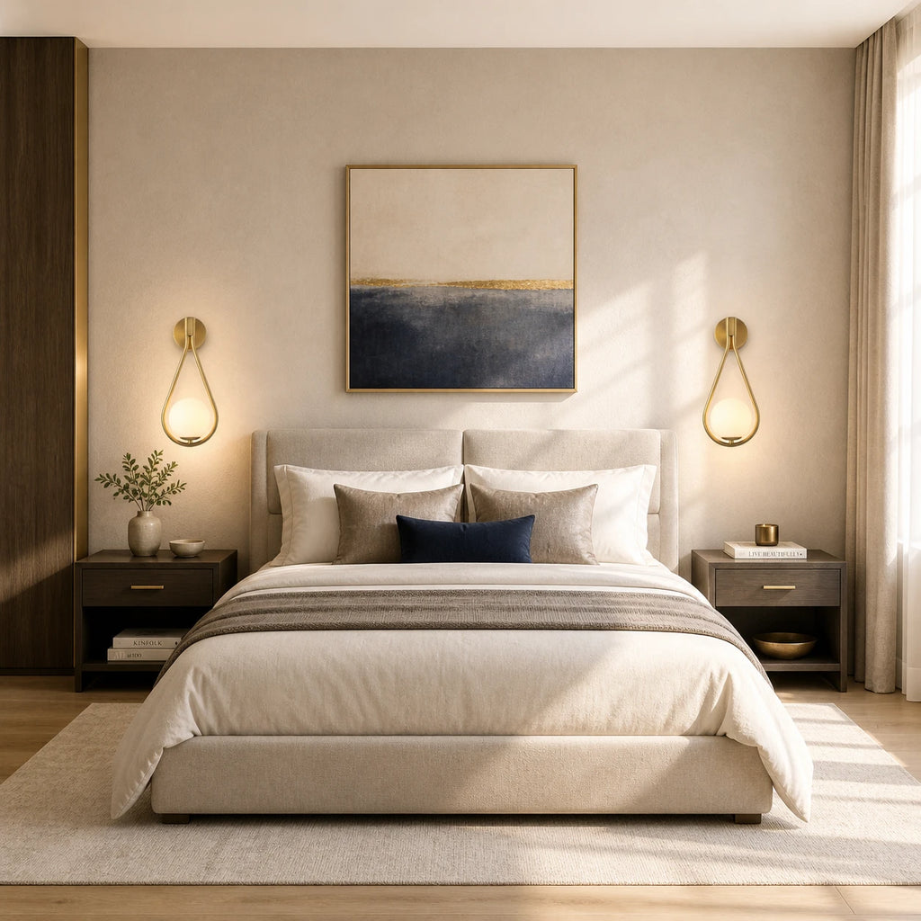 Pair of gold glass loop arm Nordic wall sconces used as bedside reading lights in elegant neutral bedroom