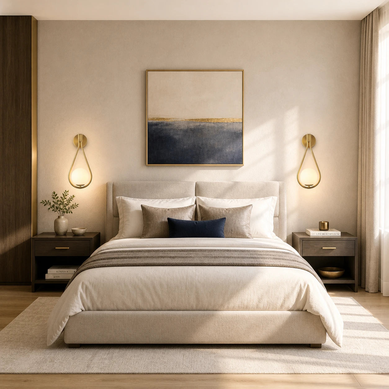Pair of gold glass loop arm Nordic wall sconces used as bedside reading lights in elegant neutral bedroom