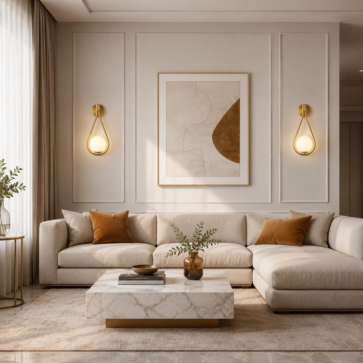 Gold glass loop arm Nordic wall sconces flanking abstract artwork above large sectional sofa in classic panelled living room