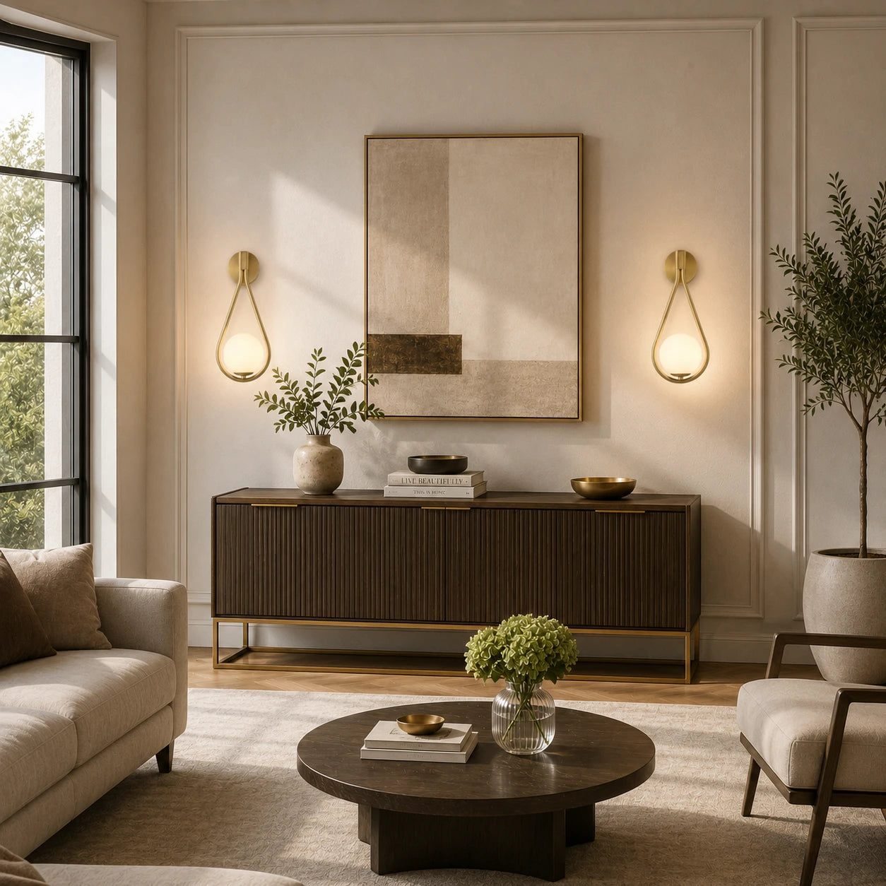 Gold glass loop arm Nordic wall sconces flanking framed artwork above sideboard console in bright modern living room