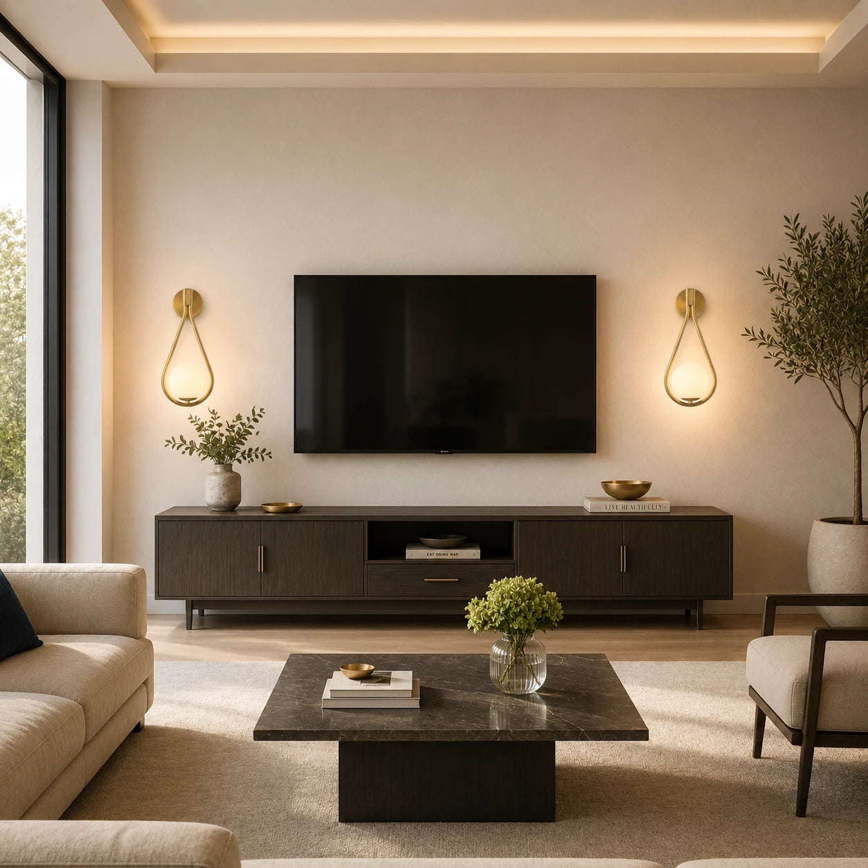Gold glass loop arm Nordic wall sconces flanking wall-mounted television in contemporary open-plan living room entertainment area
