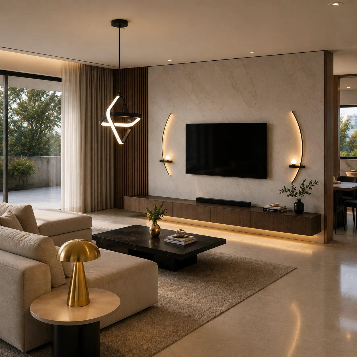 Gloam Lighting product set — wall light, ceiling light and table lamp in black and gold