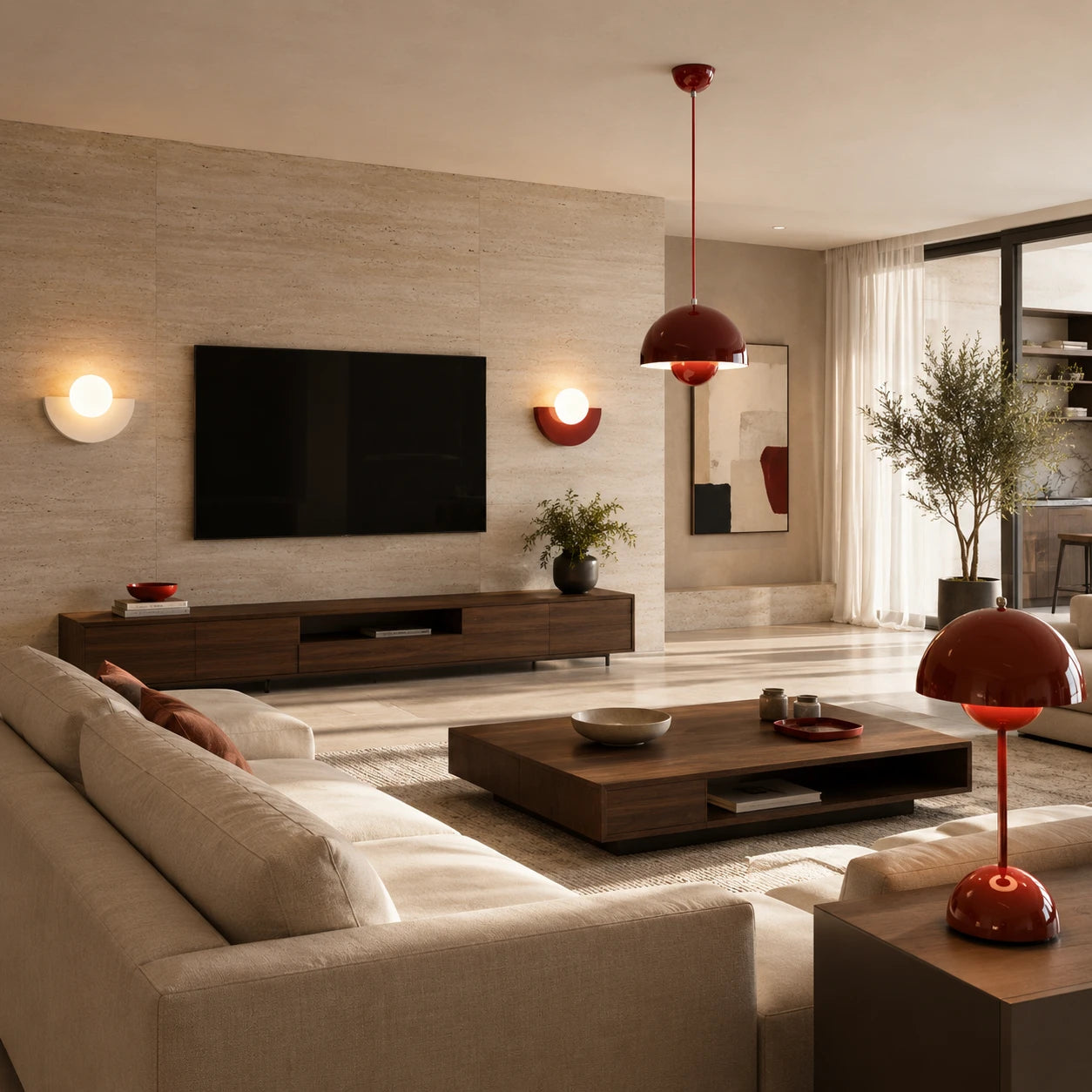 Gloam Lighting product set — wall light, ceiling light and table lamp in red and white
