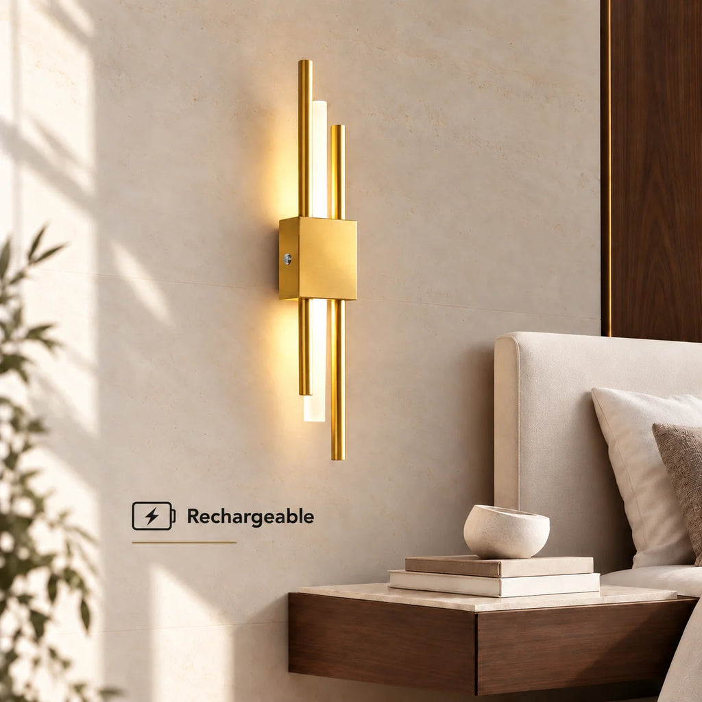 Gold double bar modern rechargeable LED wall light powered by a built-in rechargeable battery, requiring no hardwiring or mains connection.