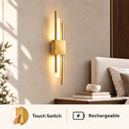 Gold double bar modern rechargeable LED wall light featuring a built-in touch switch and rechargeable battery for cordless use.