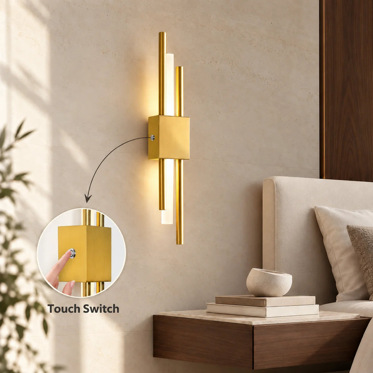 Gold double bar modern rechargeable LED wall light operated with a simple built-in touch switch on its backplate housing.