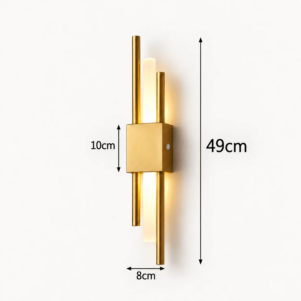 Gold double bar modern rechargeable LED wall light dimensions — 49cm total height, 8cm width, and 10cm backplate height.