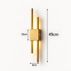 Gold double bar modern rechargeable LED wall light dimensions — 49cm total height, 8cm width, and 10cm backplate height.