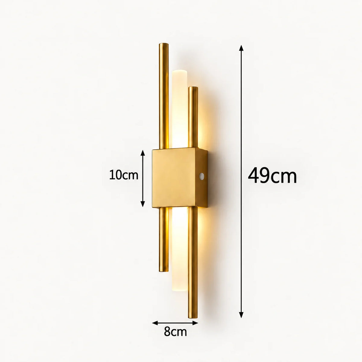 Gold double bar modern rechargeable LED wall light dimensions — 49cm total height, 8cm width, and 10cm backplate height.