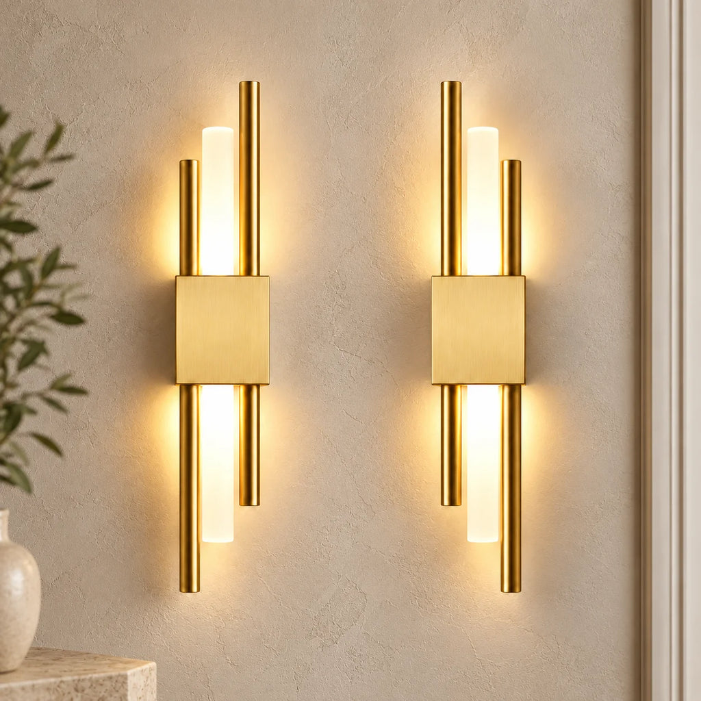 Pair of gold double bar modern rechargeable LED wall lights mounted together, with dual brass bars framing a soft glow.