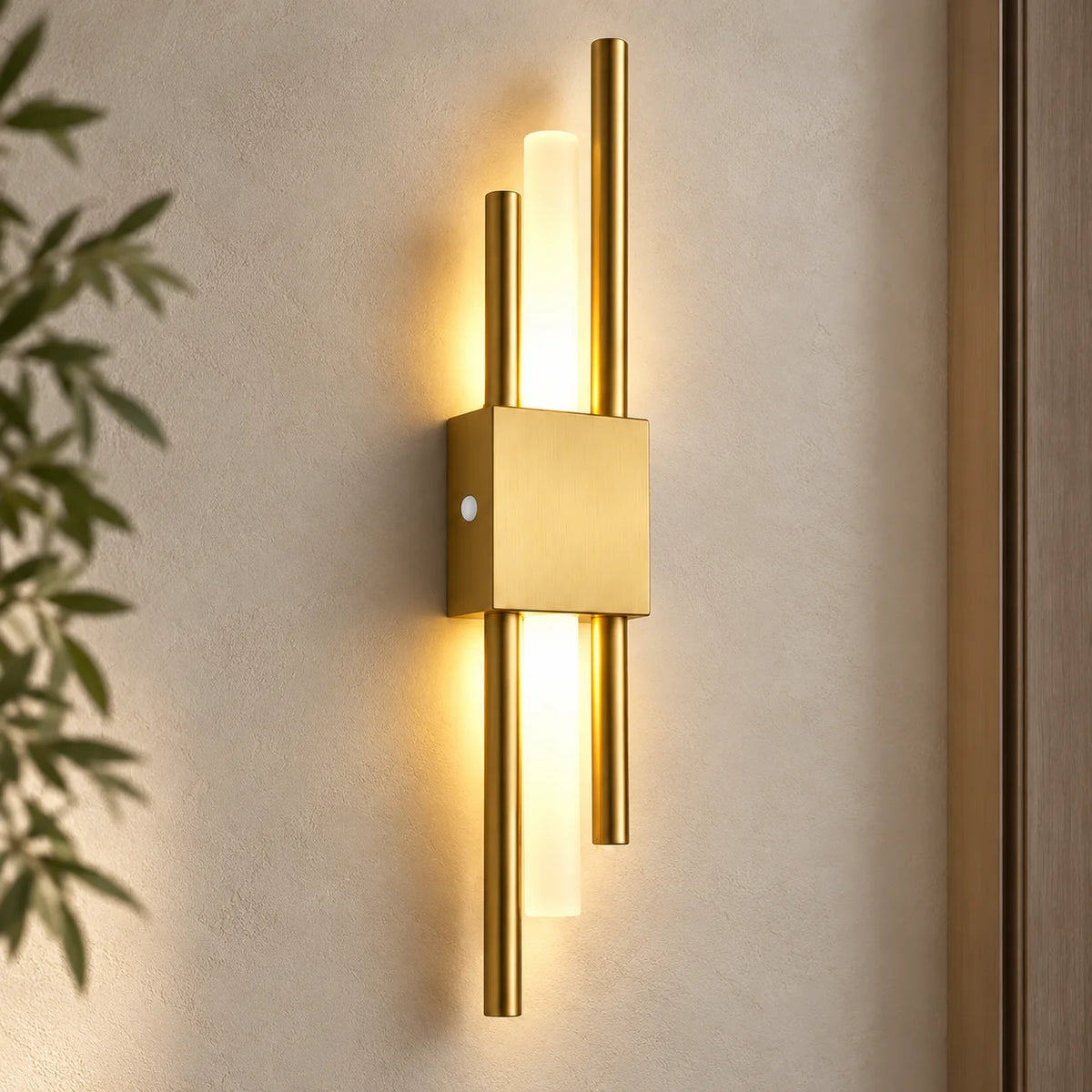 Gold double bar modern rechargeable LED wall light mounted in the right placement, with dual brass bars framing a soft glow.