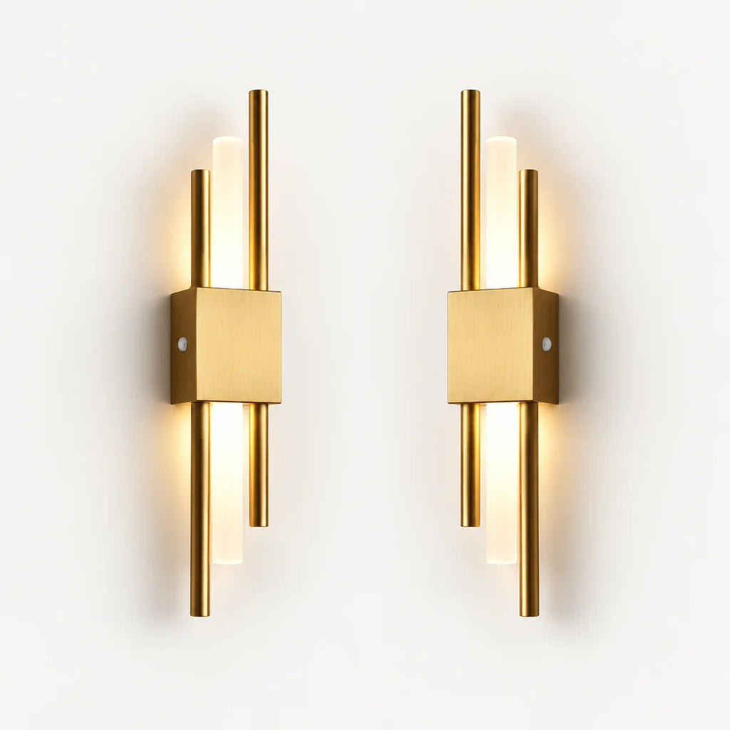 Pair of gold double bar modern rechargeable LED wall lights sold together, featuring dual brass bars and a square backplate.