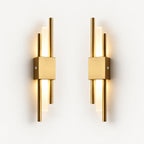 Pair of gold double bar modern rechargeable LED wall lights sold together, featuring dual brass bars and a square backplate.