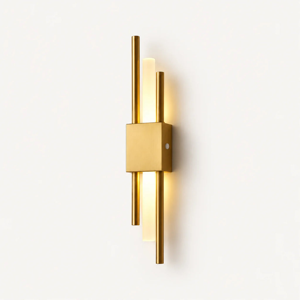 Gold double bar modern rechargeable LED wall light in the left placement, featuring dual brass bars and a square backplate.