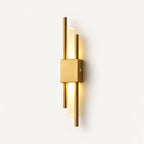 Gold double bar modern rechargeable LED wall light in the left placement, featuring dual brass bars and a square backplate.
