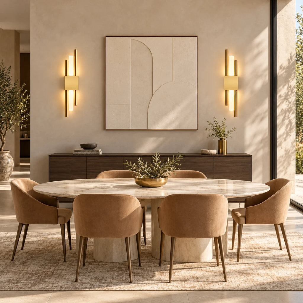 Gold double bar modern rechargeable LED wall light mounted in a dining room, adding warm ambient accent lighting throughout.