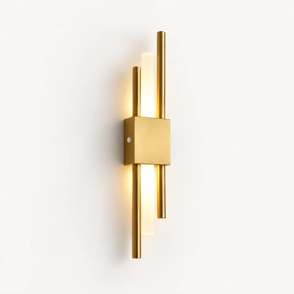 Gold double bar modern rechargeable LED wall light in the right placement, featuring dual brass bars and a square backplate.