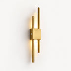 Gold double bar modern rechargeable LED wall light in the right placement, featuring dual brass bars and a square backplate.