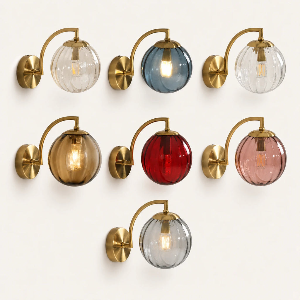 Gold Ribbed Glass Globe Nordic Wall Sconce all colour options for the ribbed glass globe shade
