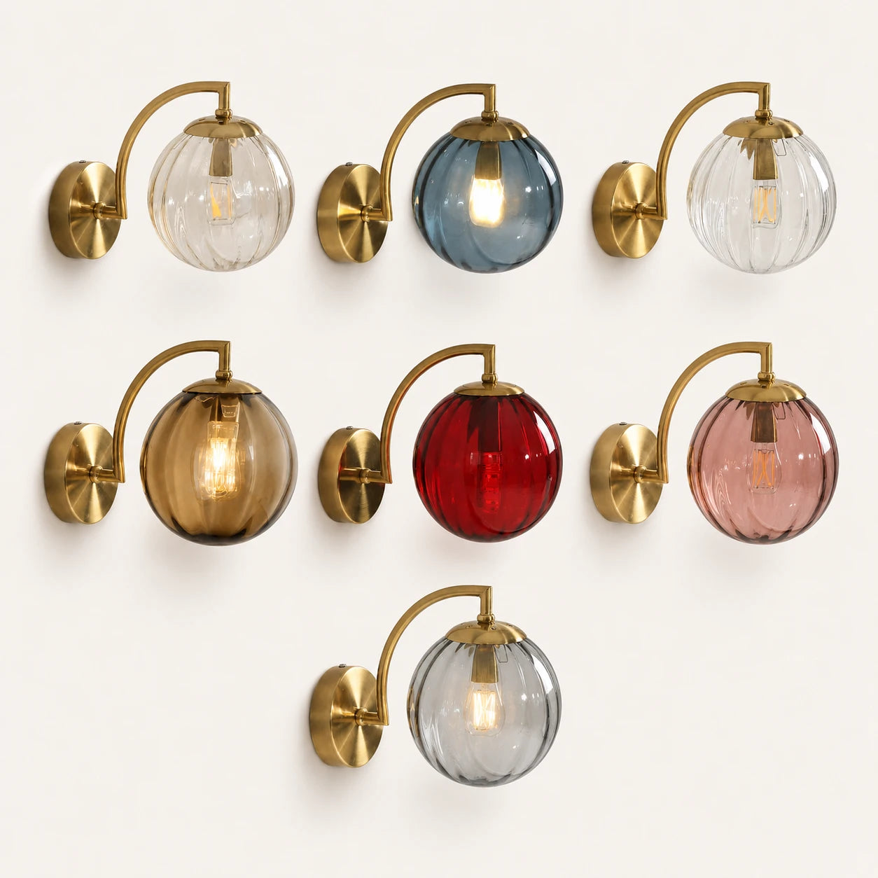 Gold Ribbed Glass Globe Nordic Wall Sconce all colour options for the ribbed glass globe shade