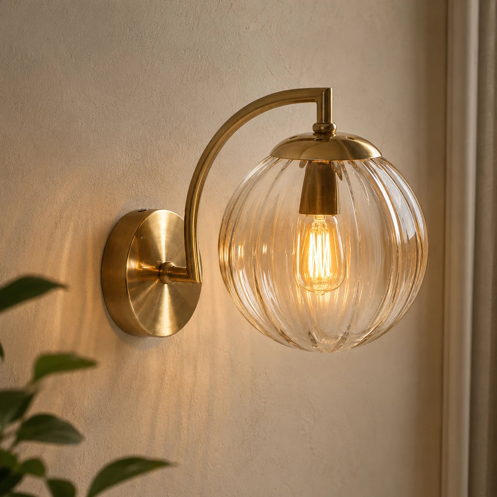 Gold Ribbed Glass Globe Nordic Wall Sconce