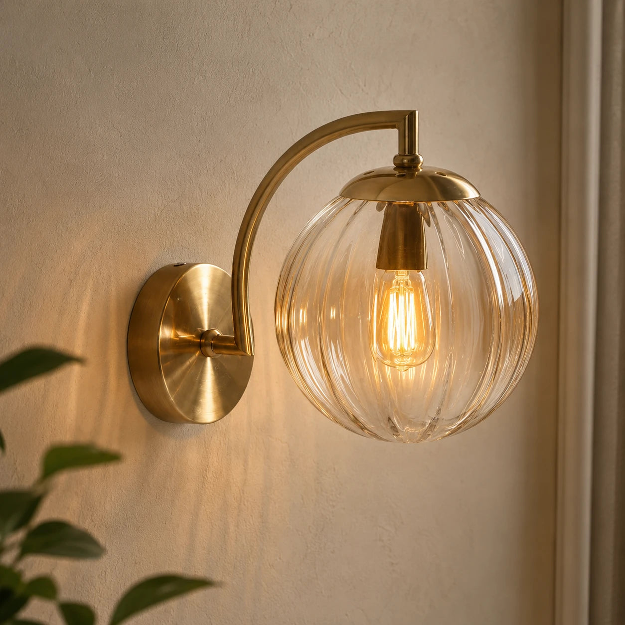 Gold Ribbed Glass Globe Nordic Wall Sconce