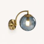 Gold Ribbed Glass Globe Nordic Wall Sconce in gold frame with blue ribbed glass globe shade