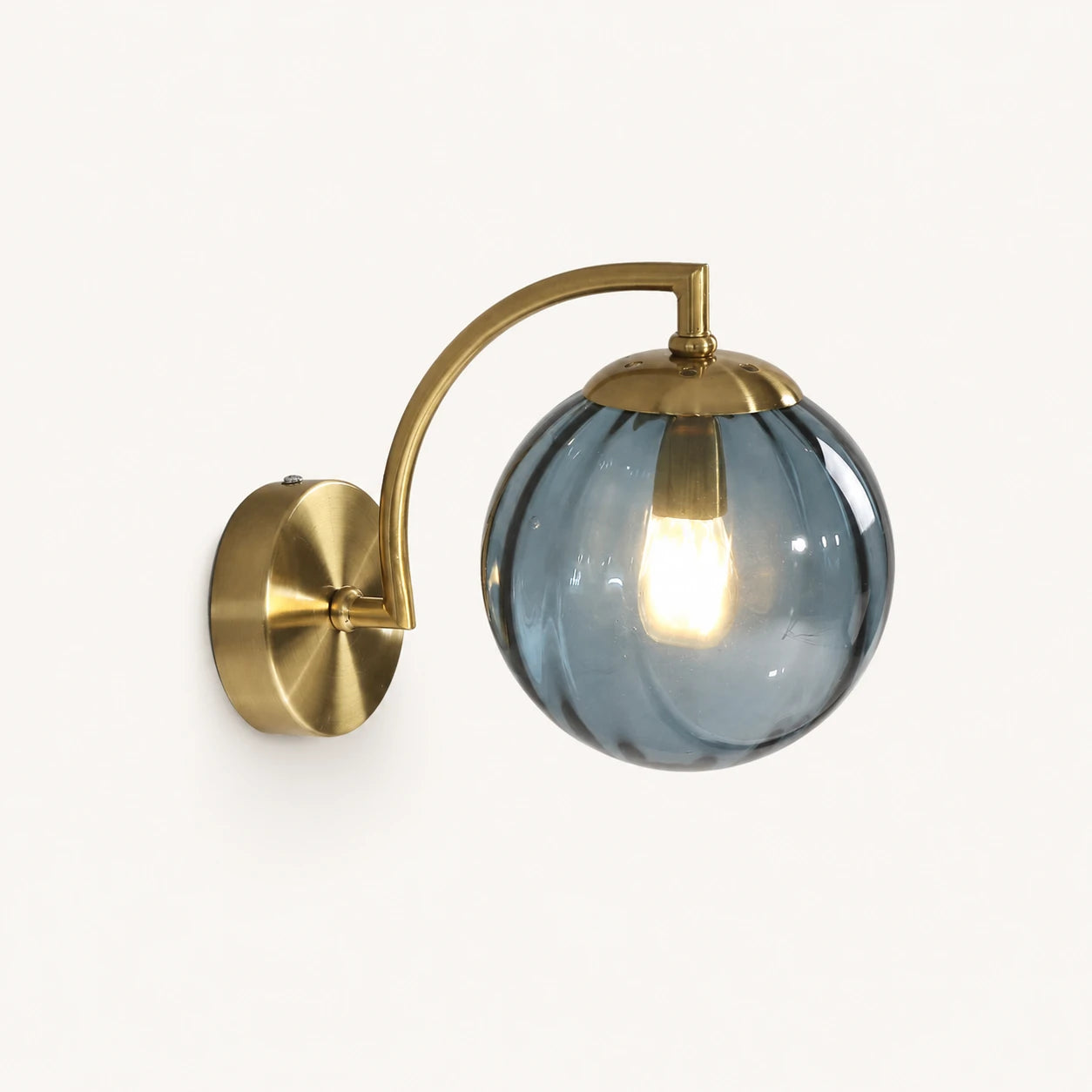 Gold Ribbed Glass Globe Nordic Wall Sconce in gold frame with blue ribbed glass globe shade