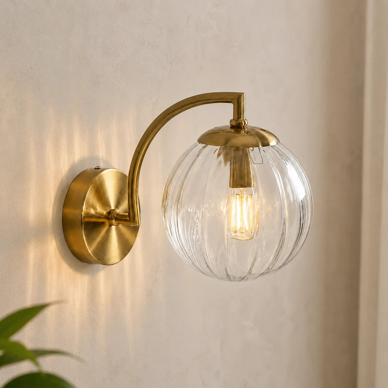 Gold Ribbed Glass Globe Nordic Wall Sconce