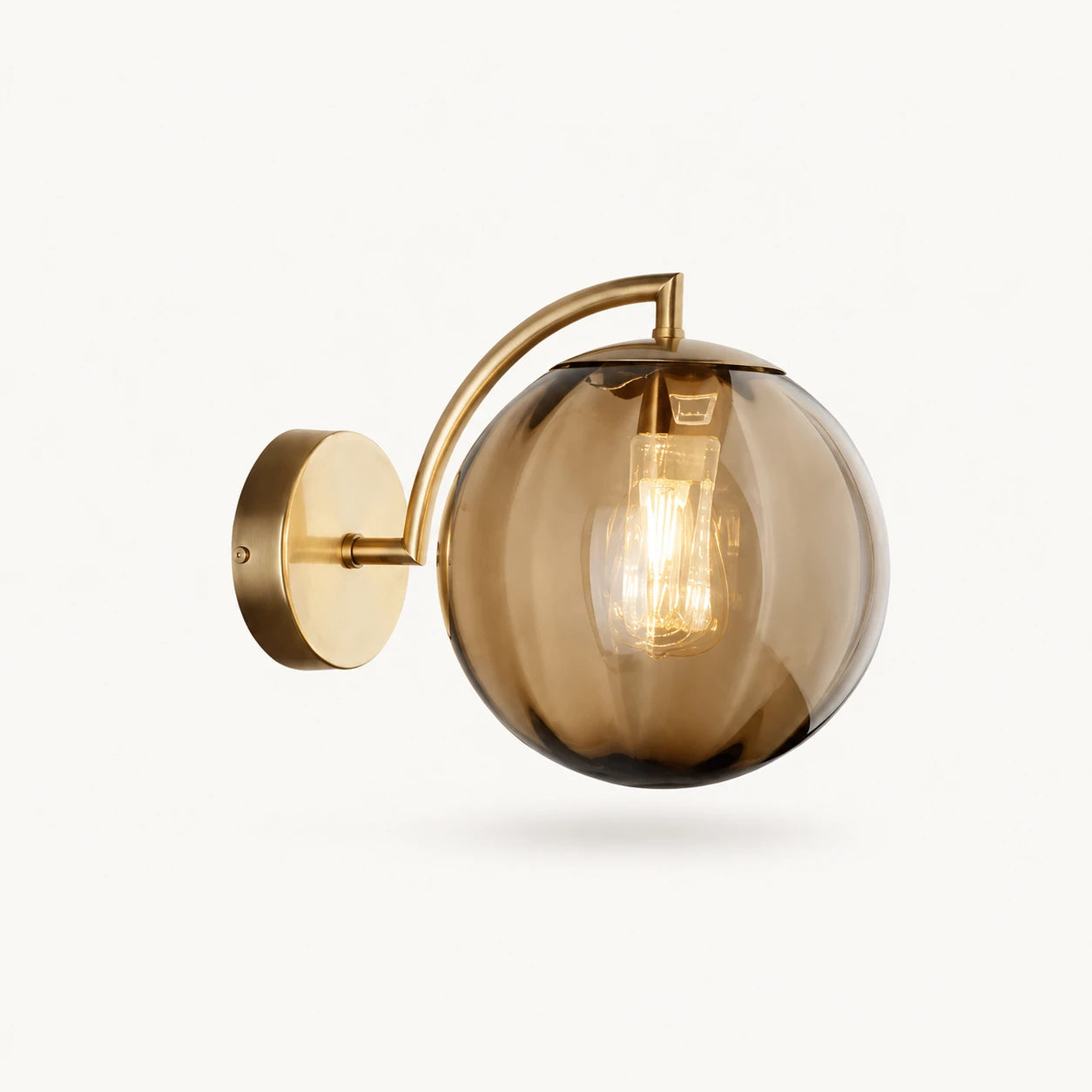 Gold Ribbed Glass Globe Nordic Wall Sconce in gold frame with coffee brown ribbed glass globe shade