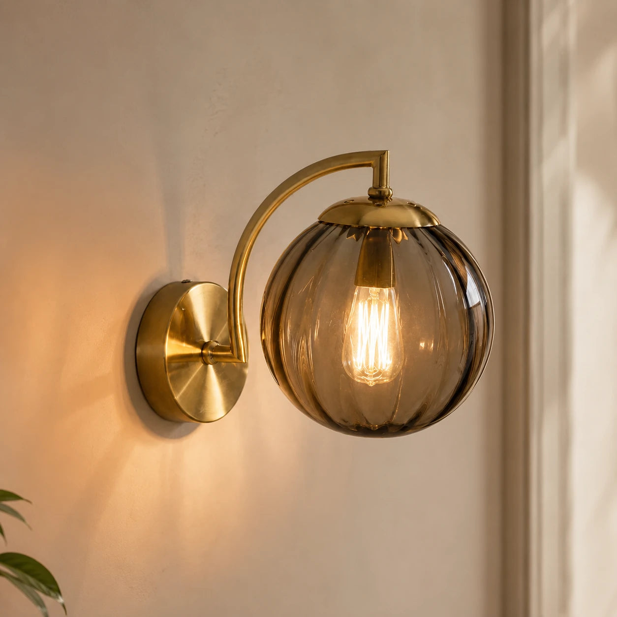 Gold Ribbed Glass Globe Nordic Wall Sconce