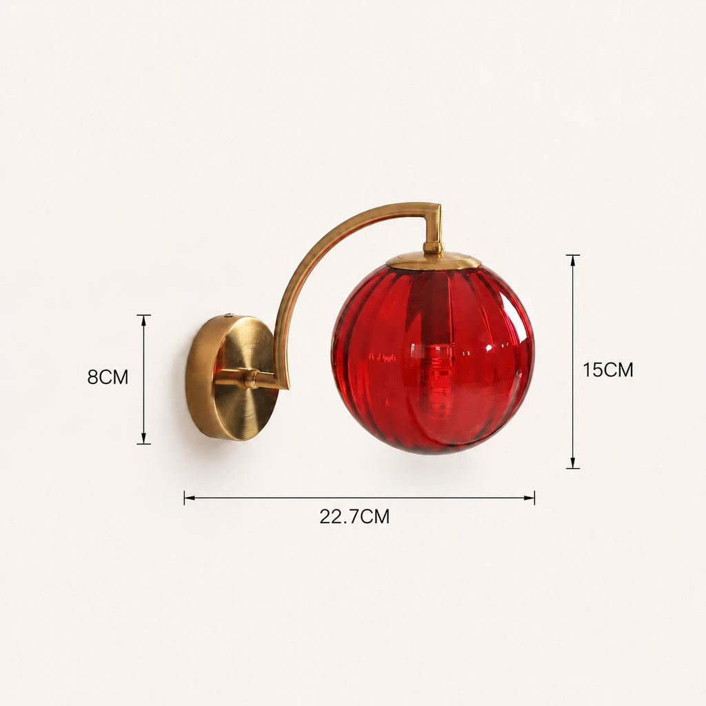Gold Ribbed Glass Globe Nordic Wall Sconce dimension diagram showing width height and depth measurements