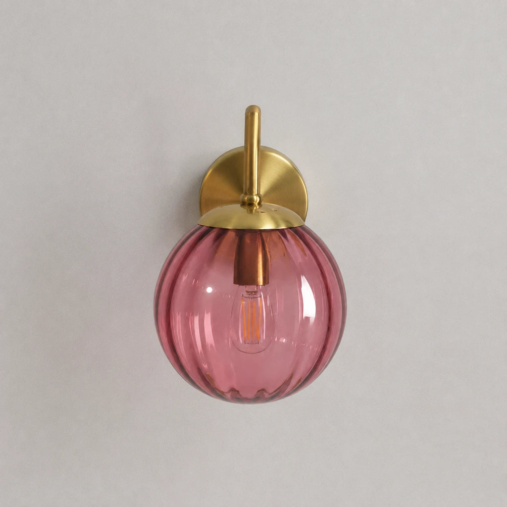 Gold Ribbed Glass Globe Nordic Wall Sconce front-facing view showing gold stem and ribbed glass globe