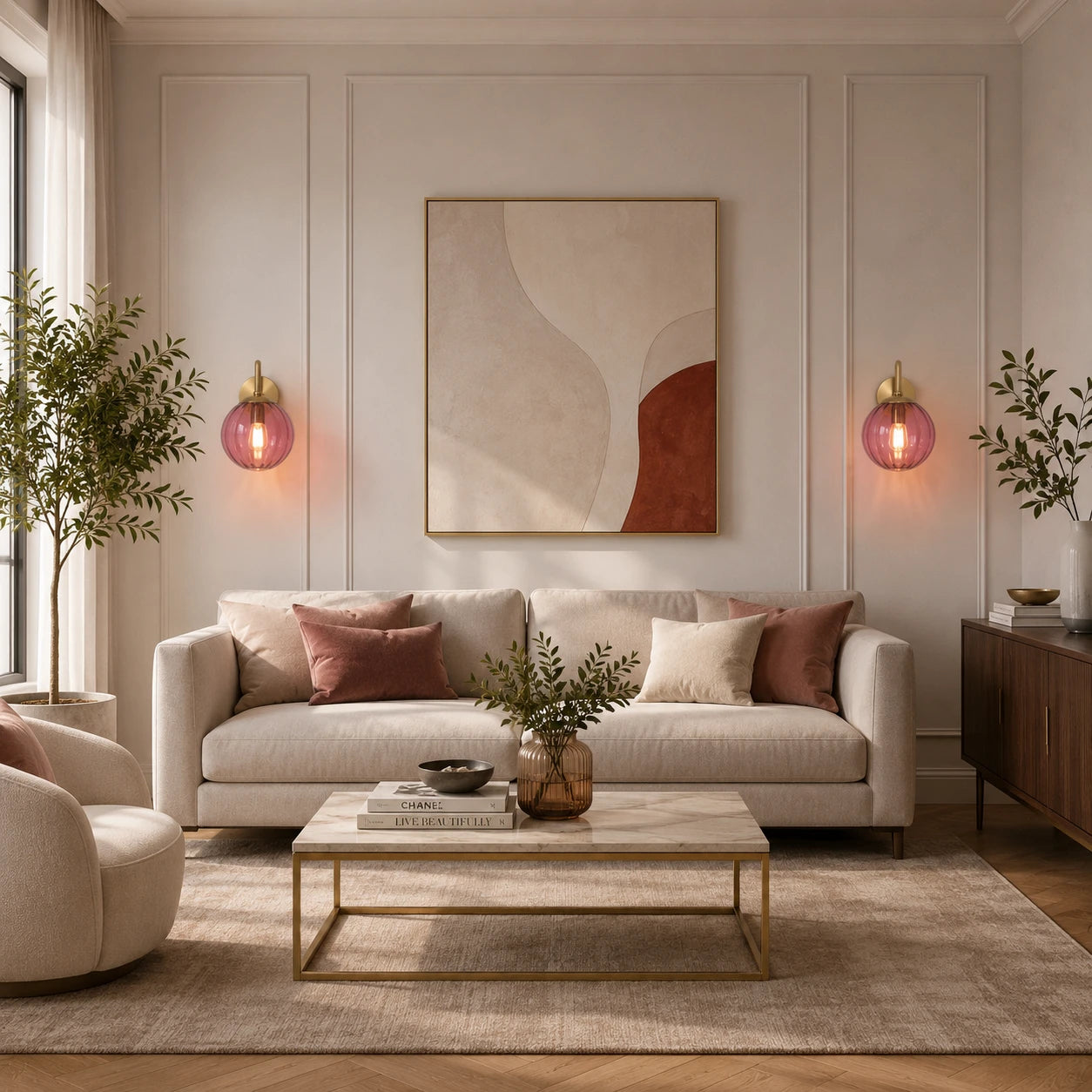 Gold Ribbed Glass Globe Nordic Wall Sconce after installation in living room